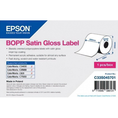 Epson C33S045701 BOPP Satin Gloss, dla ColorWorks, 220mmx750m, polipropylen, biały etykiety samoprzylepne